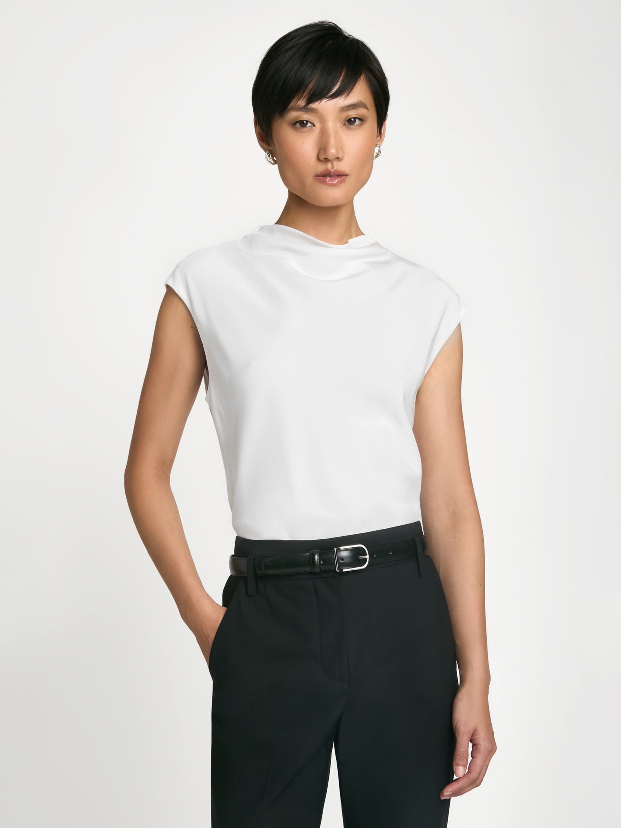  Draped mock neck silk blouse
